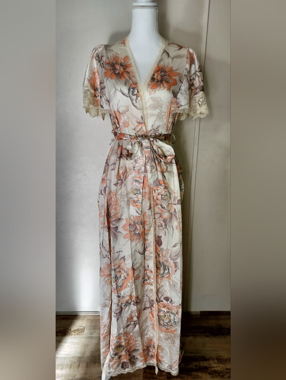 Dior Cream Satin Floral Robe with Peach Blooms